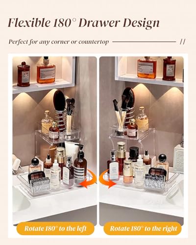 2 Pack Pull-Out Makeup Organizer 2 Tier Under-Sink Rack | Acrylic Countertop Organizer & 180° Swivel Drawer, Waterproof Sliding Storage for Bathroom Vanity, Kitchen Cabinet, Pantry