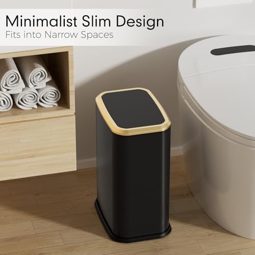 Bathroom Trash Can with Lid 8L/2.1 Gallon Black Trash Can Small Garbage Can with Swing Top Lid Slim Stainless Steel Garbage Can with 100 Counts Trash Bags for Bathroom Bedroom Kitchen Office Toilet - color: Black, size: Swing-Lid Trash Can