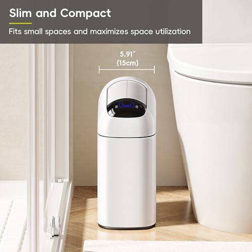 EKO Astro Slim Sensor Trash Can, 10L / 2.6 Gallon Touchless Garbage Bin with Soft-Close Retractable Wing Lid, Motion Sensor Stainless Steel Garbage Can for Bathroom, Kitchen, Office, Waterproof, White - size: Astro 10L-Matte White