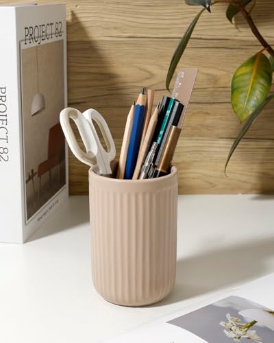 BosilunLife Ceramic Toothbrush Holder - 12oz Bathroom Toothbrush Holder Tooth Brush Holders Tumbler Cups Reusable Toothbrush Mouthwash Cup Small Toothbrush and Toothpaste Holder, Striped Khaki - color: Khaki--vsc, size: striped-cylinder