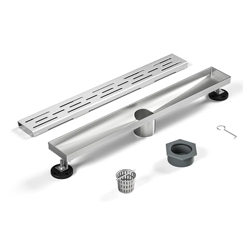 Linear Shower Drain 28" Brushed 304 Stainless Steel | with Drain Grate | Fast Drainage | Stainless Floor Drain Grate | Hair Strainer | Drain Key | The Upgrade for Your Bathroom - size: 28 Inch