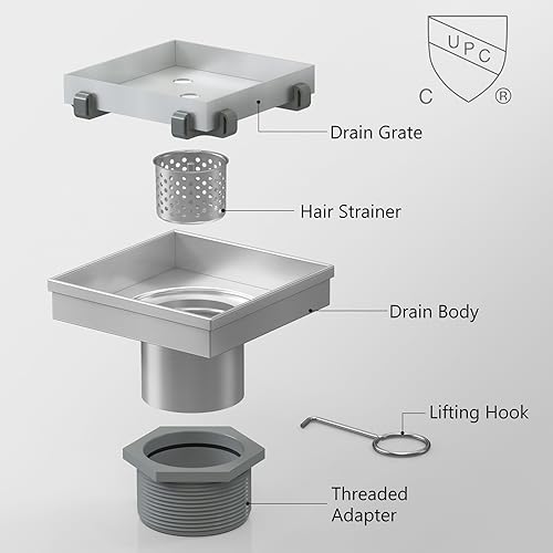 4 Inch Square Shower Drain with Tile Insert Grate, Brushed | 304 Stainless Steel, Square Tile Floor Drain for Bathroom, Removable Tile-In Drain Grate with Hair Strainer, cUPC Certified - size: 4 inch