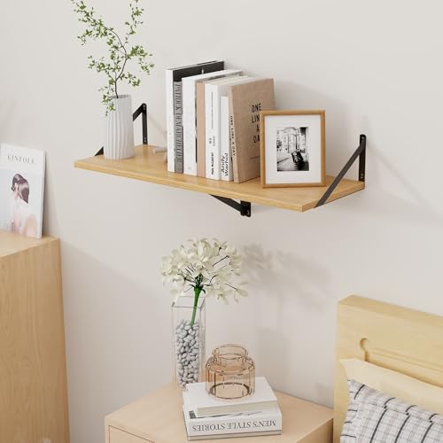 Deep Floating Shelves, 12 Inch Deep Rustic Oak Floating Wall Shelves Set of 2, 16W x 12D Large Floating Shelves Living Room Cleanning Room Laundry Room Garage - Oak with Black Brackets - color: Oak, size: 16W x 12D