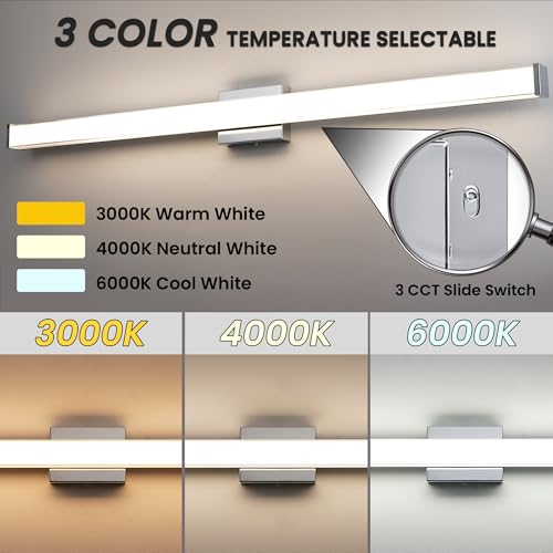 Modern LED Bathroom Vanity Light 48 inch 32W Dimmable 3CCT Bathroom Light Fixture Over Mirror Rectangle Bath Vanity Light Bar with Double Layer Acrylic Shade (Chrome) - color: Chrome, size: 48 inch