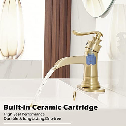 BWE Brass Gold Waterfall Sink Faucet for Modern & Traditional Bathroom | Wide Waterfall Spout, Ceramic Cartridge, Fits 1 or 3-Hole Sink, Single Handle, Hardware Kit Included, Not for Vessel Sink - color: Gold
