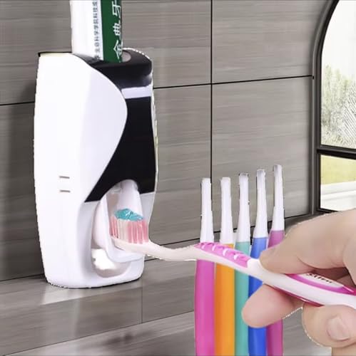 ABBEYLINK Automatic Toothpaste Dispenser with 5-Slot Toothbrush Holder, Wall Mounted Bathroom Storage Rack Set, Plastic