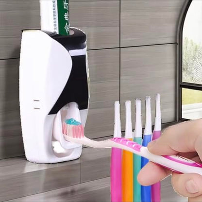 ABBEYLINK Automatic Toothpaste Dispenser with 5-Slot Toothbrush Holder, Wall Mounted Bathroom Storage Rack Set, Plastic