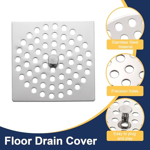 uxcell Shower Drain Hair Catcher, 3 inch Stainless Steel Square Floor Drain Cover Anti-Clogging Protection Cover Replacement for Furniture Repair Bathroom Kitchen