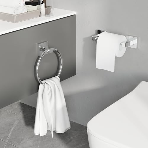RUACQ Chrome Toilet Paper Holder & Towel Ring, Bathroom Accessories | 2-Piece Bathroom Hardware Set, Pivoting Tissue Roll Holder, Hand Towel Ring, Square Base, 304 Stainless Steel, Wall Mounted - color: Chrome, size: 2pcs
