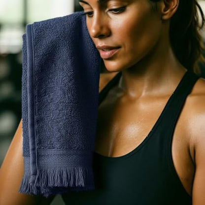 Fringed Reversible Fingertip Hand Towel (Size 11" W x 18" L) Terry Cotton Washcloth Set for Face and Bathroom use. (Navy, 3)