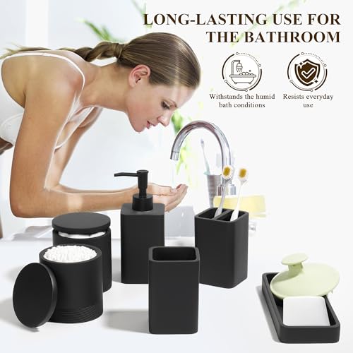 Bathroom Accessories Set, 6 Piece Soap Dispenser Set - Matte Black | Bathroom Set with Toothbrush Holders, Soap Dispenser, Vanity Tray, Tumbler, Cotton Swab Jars, Bathroom Organizer and Storage - color: Black