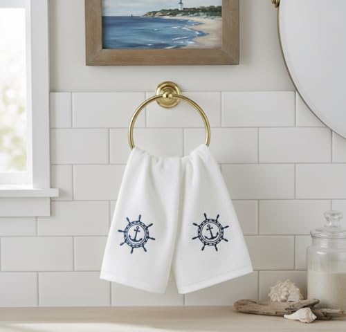 Serafina Home Summer Soft Absorbent Bathroom Coastal Guest Embroidered Fingertip Towels: Nautical Captain's Wheel Design, 2 Piece 12" x 18" Inches - color: Captains Wheel