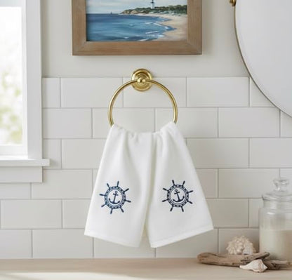 Serafina Home Summer Soft Absorbent Bathroom Coastal Guest Embroidered Fingertip Towels: Nautical Captain's Wheel Design, 2 Piece 12" x 18" Inches - color: Captains Wheel
