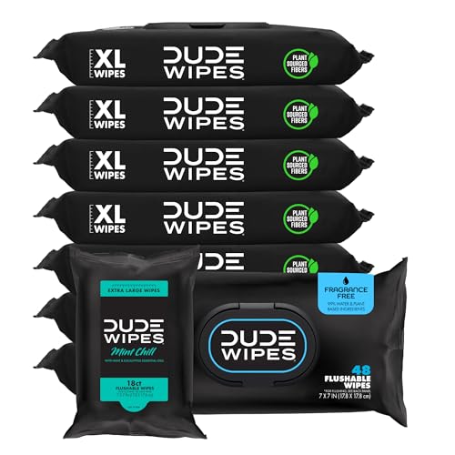 DUDE Wipes Unscented Adult Flushable Wipes and Mint Travel Pack, 402 Count | 8 packs of 48 extra large unscented flushable butt wipes plus 18 mint travel wipes. 99% water, vitamin E, aloe. Septic safe. - size: 48 Count (Pack of 8)