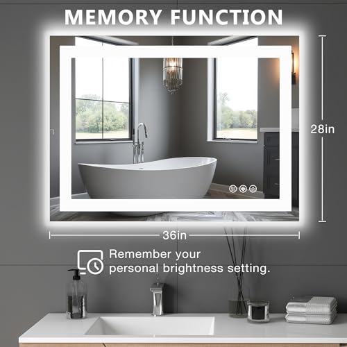 Sweetcrispy 28.1"x36.1" Smart Anti-Fog LED Bathroom Mirror with Front Light & Backlit, 3 Color Temperatures, Dimmable, Memory Function, Rectangle Modern Vanity Mirror