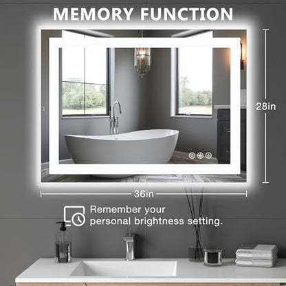 Sweetcrispy 28.1"x36.1" Smart Anti-Fog LED Bathroom Mirror with Front Light & Backlit, 3 Color Temperatures, Dimmable, Memory Function, Rectangle Modern Vanity Mirror