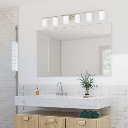 Progress Lighting Replay Collection 48 in. 6-Light Brushed Nickel Etched White Glass Modern Bath Vanity Light - color: Brushed Nickel, size: 6-Light