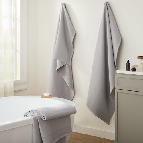 TOWN & COUNTRY BASICS 4-Piece Waffle Woven Terry Stripe Bath Towel Set, 30x56-Inch, 100% Cotton, Quick Dry, Gray - color: Light Grey