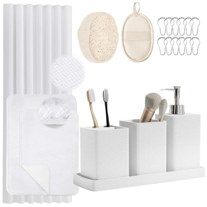 White Bathroom Set, White Bathroom Accessories Sets with Shower Curtain and No-Slip Bath Rugs, Natural Loofah Sponge, Soap Dispenser, Toothbrush Holder, Toothbrush Cup and Tray for Bathroom - size: Bath Set+Shower Curtain+Bath Rugs+2PCS Loofah, style: Whi