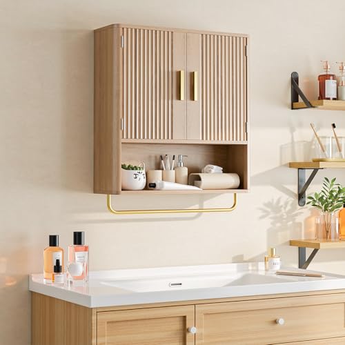 Bathroom Wall Cabinet, Medicine Cabinet with Fluted Door & Adjustable Shelf | Over The Toilet Storage Cabinet with Towel Bar, Space-Saving Cabinet Wall Mount for Laundry Room, Kitchen, Living Room - color: Natural Oak