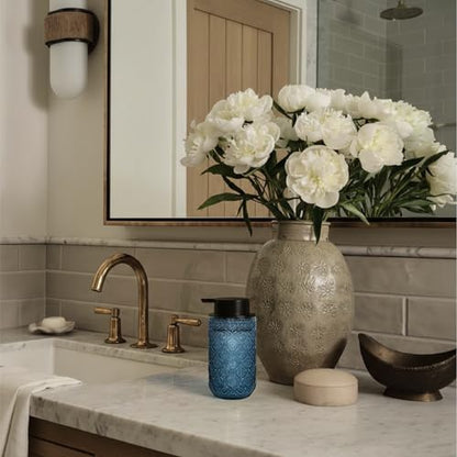 13.5 oz Glass Soap Dispenser, Luxurious Floral Embossed Glass Bathroom Countertop Foaming Pump for Kitchen Vanity (Blue) - color: Blue