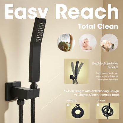 TRUSTMI 10" Shower System with Thermostatic Valve, Rainfall, Matte Black | Solid brass system with push-button diverter for waterfall and handheld spray. Anti-scald safety lock protects the family - color: Matte Black