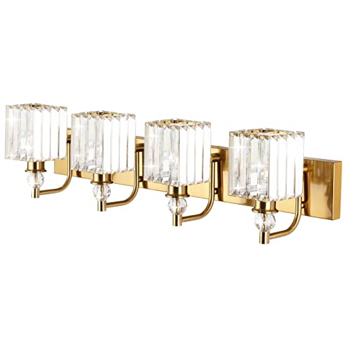 Ralbay Crystal Vanity Lights 4-Lights 31.5''Gold Bathroom Lighting Fixtures Over Mirror Modern Crystal Gold Bathroom Vanity Lights - color: Square-Brass, size: 32 inch