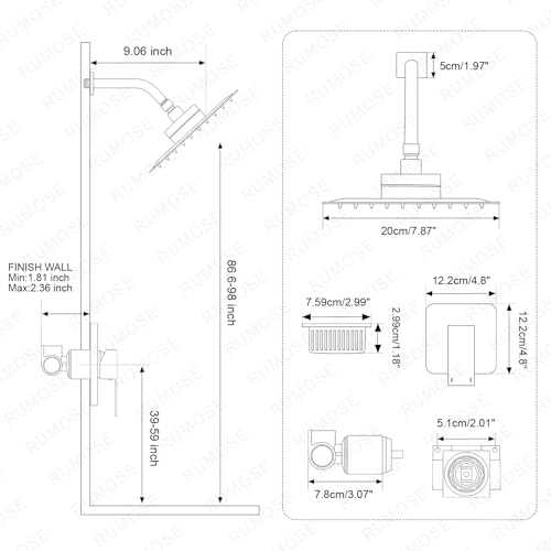 RUMOSE Shower Faucet Set Matte Black Rain Shower Head and Handle Set for Tub 8 Inch Rainfall Shower System with Filter for Hard Water Single Function Trim Kit with Rough-in Valve Stainless Steel