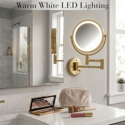 JERDON Hardwired Wall-Mount Makeup Mirror - 8X/1X - Gold - HL88BGLD | 8.5" Round Frame, 13.5" Wall Arm, LED Lighting, Direct Wire Installation - color: Gold Direct Wire