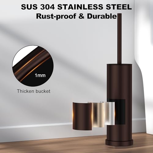 Bronze Toilet Brush and Holder Set，Stainless Steel Heavy Duty Toilet Bowl Brush，Extra Long Handled Modern Toilet Cleaner Brush with Replaceable Head, Removable Inner Bowl, and Splash Protection - color: Bronze, size: 1 Pack
