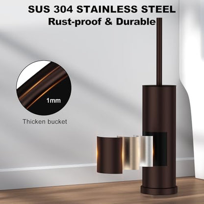 Bronze Toilet Brush and Holder Set，Stainless Steel Heavy Duty Toilet Bowl Brush，Extra Long Handled Modern Toilet Cleaner Brush with Replaceable Head, Removable Inner Bowl, and Splash Protection - color: Bronze, size: 1 Pack