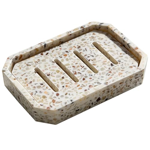 Drainable Soap Dish, Double Layer Resin Soap Holder, Non-Slip Silicone Feet Soap Saver for Bathroom (Terrazzo Look) - color: Terrazzo Look