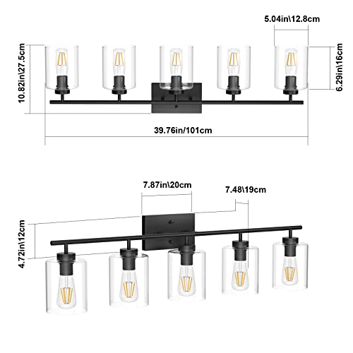 Aipsun 5 Lights Black Vanity Lights Fixtures Over Mirror with Clear Glass Shades Industrial Wall Light Fixture for Bathroom(Exclude Bulb) - size: 39.8 inch