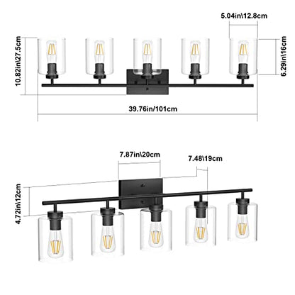 Aipsun 5 Lights Black Vanity Lights Fixtures Over Mirror with Clear Glass Shades Industrial Wall Light Fixture for Bathroom(Exclude Bulb) - size: 39.8 inch