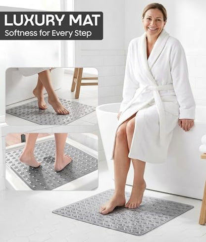 Square Shower Mat Non Slip, 21x21 Inch Square Bathtub Mat for Inside-Shower with Suction Cups Drain Holes, Anti-Slip Bathroom Floor Shower Stall Mats, Soft Bath for Tub, Machine Washable - Gray - color: Gray