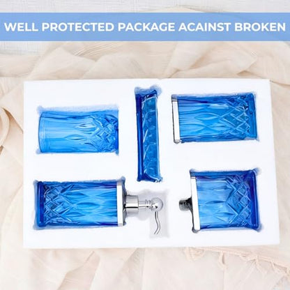 Blue Bathroom Accessories, Square Thick Glass & Metal Pump | Beautiful & weight, 5 pcs soap dispenser, toothbrush holder, soap dish, tumbler & jar, for mission/amish style - style: Square(Blue)