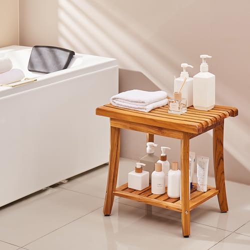 VEVOR Teak Shower Bench, 20in Waterproof Wood Shower Stool with Storage Shelf Non-Slip Foot Pads, 400 lbs Load Capacity Shower Chair Seat, for Bathroom Indoor and Outdoor Use - size: 20in