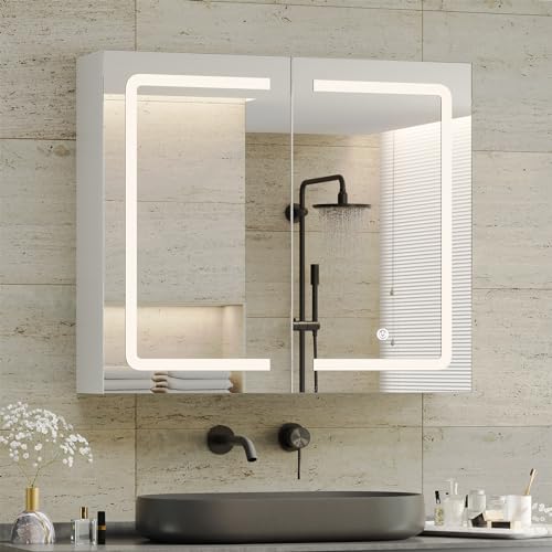DICTAC Bathroom Medicine Cabinet with Mirrors and Led Lights 27.6x23.62 inch Double Doors Wall Mounted Mirror Cabinet with Storage Organizer Lighted Medicine Cabinets with Adjustable Shelves,White - size: 27.6x23.62 inch