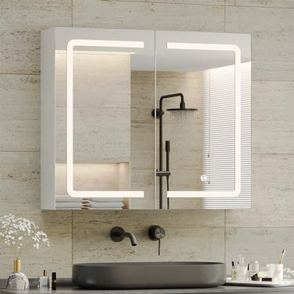 DICTAC Bathroom Medicine Cabinet with Mirrors and Led Lights 27.6x23.62 inch Double Doors Wall Mounted Mirror Cabinet with Storage Organizer Lighted Medicine Cabinets with Adjustable Shelves,White - size: 27.6x23.62 inch