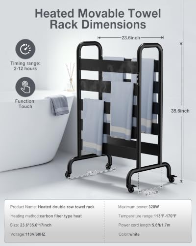 Freestanding Heated Towel Rack 10-Bar with Double Layer & Wheels | 400W Fast Heating Towel Warmer with 110–170°F Temperature Control, Timer & Auto Shut-Off, Matte Black Space Aluminum