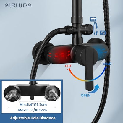 Airuida Matte Black Exposed Shower System with Handheld Spray | Single Handle,Wall Mount,8 Inch Rainfall Shower Head,Dual Function,Exposed Pipe Fixture for Bathroom - color: Matte Black