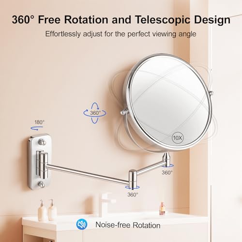 8'' Makeup Mirror Wall Mounted, Wall Mounted Makeup Mirror with 1X/10X Magnifying Mirror 360° Swivel Extendable Adjustable Arm Extendable Mirrors for Bathroom, Chrome (No Light)