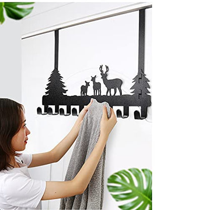 Over The Door Hook Easy Installation Organizer Coat Hooks Wall Mounted Metal Towel Hook Rack Animal Deer Hanger for Bathrooms Door Hanging Dual Mounted Key Hooks 8-Hooks,Black