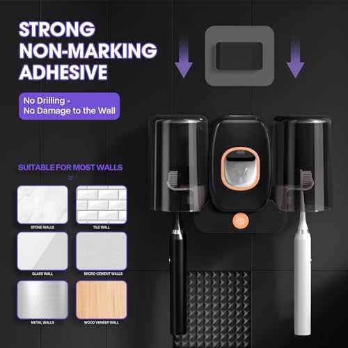 LXIANGN 3 in 1 Toothbrush Cleaner Holders,Rechargeable Wall Mounted Toothbrush Holder Toothpaste Dispenser Automatic 2 Cups Tooth Brush Holder for Bathroom, No Drilling, 4 Slots, Black - color: Black