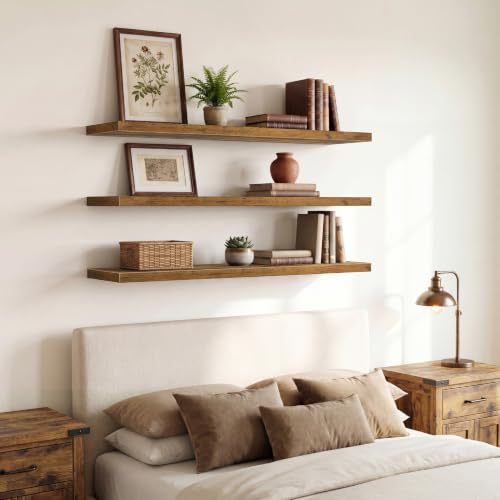 QEEIG 12" Deep Floating Shelves for Wall - 12 x 48 inch Book Shelf Bathroom Bedroom Kitchen Living Room Hanging Bookshelf Farmhouse Set of 3, Brown (026-120BN3) - color: A. Brown, size: 47.2" x 12"
