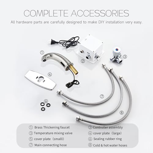 Touchless Bathroom Sink Faucet Automatic Motion Sensor Hands Free Fauce | Brushed nickel, with hole cover plate temperature mixer, commercial solid brass faucet, AC/DC powered, 1 hole or 3 hole - color: Brushed Nickel