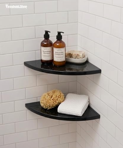 9 Inch Super Black Engineered Marble Corner Shower Shelf Bathroom Caddy, Wall Mounted Shower Shelf, Classic Flatback Design (1)