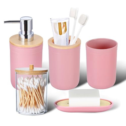 Bathroom Accessories Set 5Piece Pink Bathroom Sets, Toothbrush Holder, Toothbrush Cup, Lotion Soap Dispenser, Soap Dish and Qtip Holder Bathroom Decor - style: Pink
