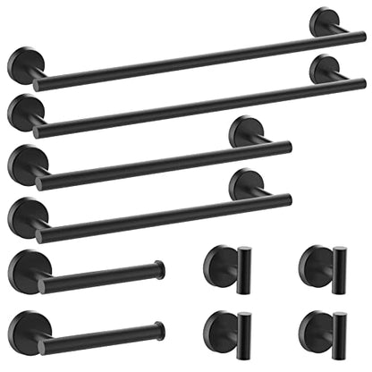 Newfun 10 Pieces Matte Black Bathroom Hardware Set 24 Inch | Include 24 inch Towel Bar, Robe Hook, Toilet Paper Holder, Stainless Steel Bathroom Accessories Set for Bathroom Wall Mounted - color: Matte Black