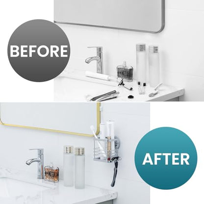 TAILI Patented Suction Cup Toothbrush Holder, Stainless Steel Anti-Puddling Shower Toothbrush Holder, No Drilling Removable Organizer for Bathroom Toothpaste, Razor, Kitchen and Office Items, Silver - color: Silver